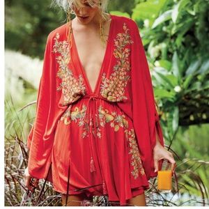 Red Embroidered V-Neck Mini Dress